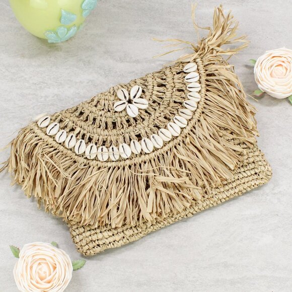 Handmade Boho Raffia Fringe Clutch Bag with Seashells - Foldover Design - Picture 1 of 5